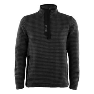 Black quarter-zip pullover with a textured box quilt design and a prominent zipper tab bearing the Spyder brand logo.