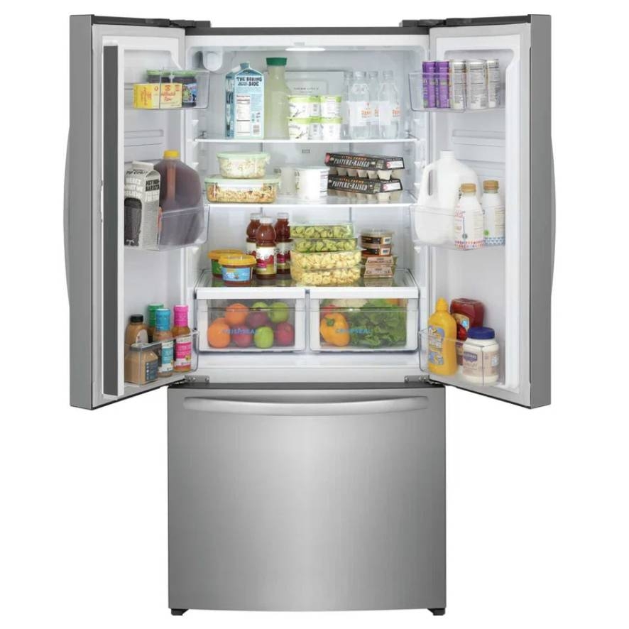 A Frigidaire French Door Refrigerator showcases an organized interior with shelves holding milk, juices, bottled water, and jars. The crisper drawers contain fruits and vegetables, while the door shelves hold condiments and canned beverages.