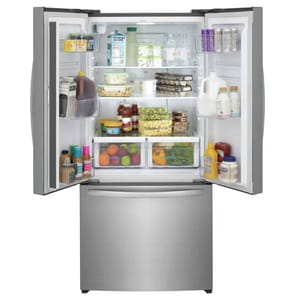 A Frigidaire French Door Refrigerator showcases an organized interior with shelves holding milk, juices, bottled water, and jars. The crisper drawers contain fruits and vegetables, while the door shelves hold condiments and canned beverages.