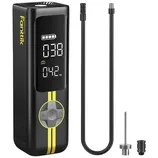 Portable air compressor with digital display, showing a pressure reading of 038 and 042 PSI. Includes inflation hose, needle adapter, and nozzle adapter.