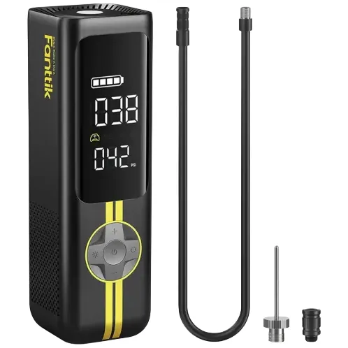 Portable air compressor with digital display, showing a pressure reading of 038 and 042 PSI. Includes inflation hose, needle adapter, and nozzle adapter.
