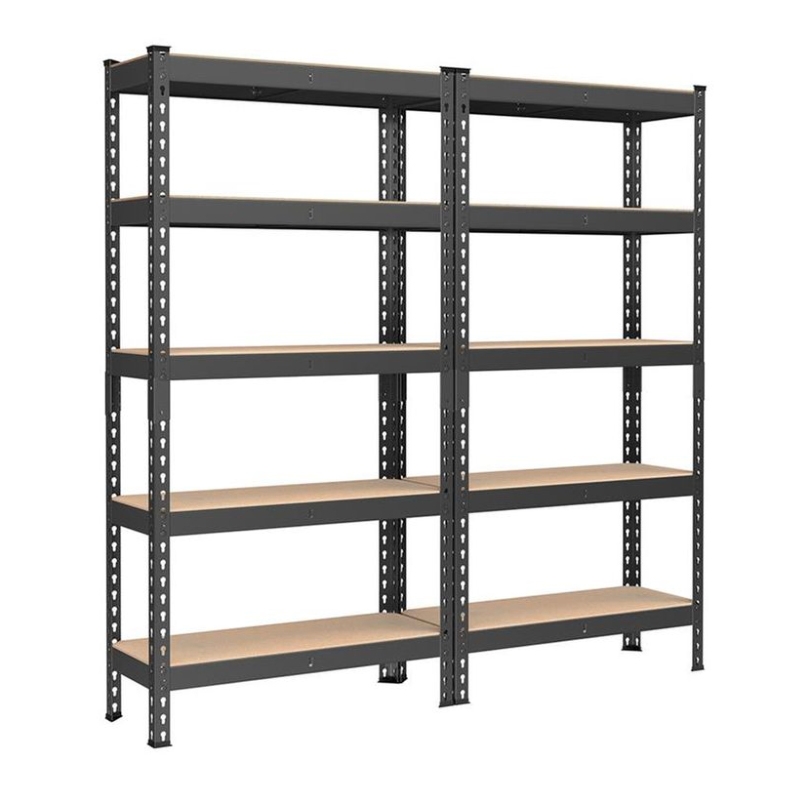 2-pack 59\“ 5-tier storage shelf set with a metal frame and wooden shelves, offering adjustable height options. Ideal for organizing and supporting various items in garages, basements, or workspaces.