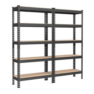 2-pack 59\“ 5-tier storage shelf set with a metal frame and wooden shelves, offering adjustable height options. Ideal for organizing and supporting various items in garages, basements, or workspaces.