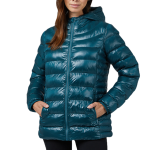 A teal, shiny, hooded puffer jacket with horizontal quilting and zip closure, featuring two pockets at the waist.