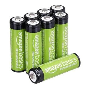 8-pack of Amazon Basics rechargeable AA batteries in green and black casing, suitable for various electronic devices.