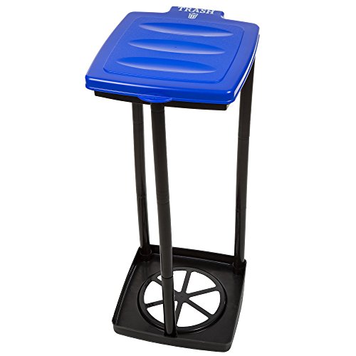 A blue-lidded trash bag holder with a black open frame and a circular base support, designed to hold and stabilize garbage bags.