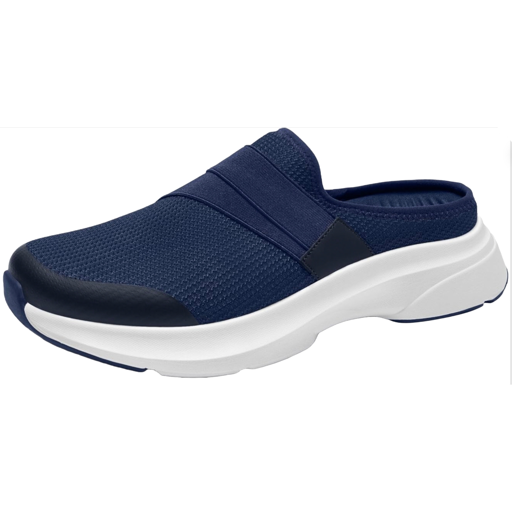 Navy blue slip-on shoe with a breathable mesh upper and a cushioned white sole, featuring an elastic strap for added comfort and support.