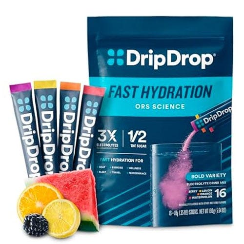 DripDrop electrolyte drink mix for fast hydration, featuring bold variety flavors like berry, lemon, and watermelon, with 3x electrolytes and half the sugar. Includes individual stick packs and fruit illustrations.