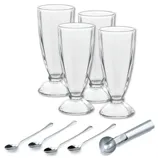 Set of four clear glass dessert cups, each with a raised base, accompanied by four long-handled stainless steel spoons and an ice cream scoop.