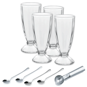 Set of four clear glass dessert cups, each with a raised base, accompanied by four long-handled stainless steel spoons and an ice cream scoop.