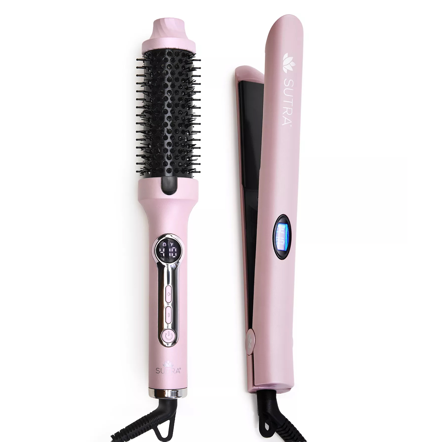 A pink hair styling set featuring a heated round brush and a flat iron, both with digital controls.