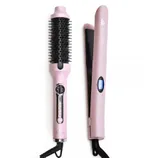 A pink hair styling set featuring a heated round brush and a flat iron, both with digital controls.
