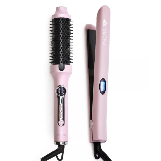 A pink hair styling set featuring a heated round brush and a flat iron, both with digital controls.