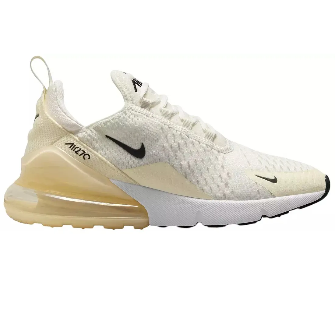 Nike Air Max 270 sneaker in white with a beige transparent sole and black Swoosh logos.