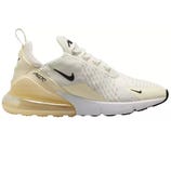 Nike Air Max 270 sneaker in white with a beige transparent sole and black Swoosh logos.