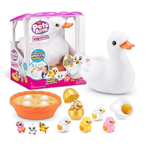 a mama duck toy with eggs and chicks