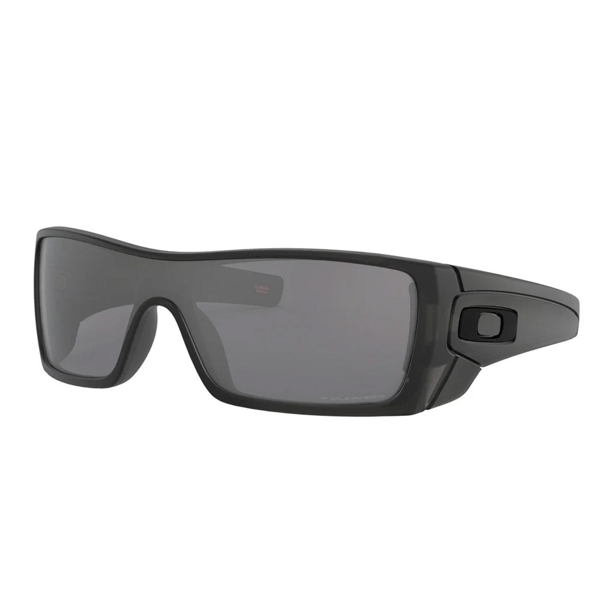 The Oakley Batwolf Polarized Sunglasses feature a matte black wraparound frame with wide, rectangular lenses and a distinctive square Oakley logo on the sides.