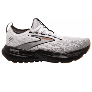 Brooks Glycerin StealthFit shoes are white and black running shoes with a sleek, modern design, featuring a knitted upper for flexibility and comfort, a cushioned sole labeled \“GLYCERIN,\“ and subtle branding on the side.