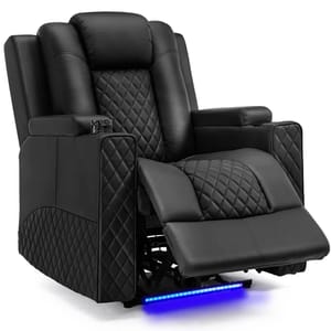 A black recliner chair with quilted upholstery features a footrest and built-in cup holders, highlighted by blue LED lighting on the base.