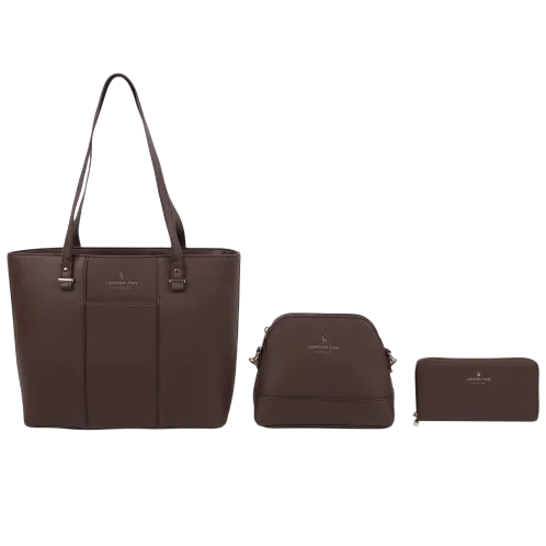 Three brown leather items: a tote bag, a crossbody bag, and a wallet, displayed in a row.