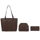 Three brown leather items: a tote bag, a crossbody bag, and a wallet, displayed in a row.