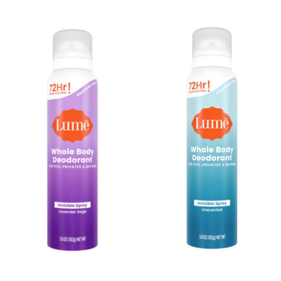 Lume Whole Body Deodorant sprays in Lavender Sage and Unscented varieties, offering 72-hour odor control.