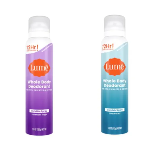 Lume Whole Body Deodorant sprays in Lavender Sage and Unscented varieties, offering 72-hour odor control.