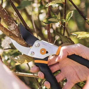 Fiskars Bypass Pruning Shears feature sharp, curved blades for clean cuts, an ergonomic handle for comfort, and a locking mechanism for safety. They're ideal for trimming branches and stems in gardening tasks.