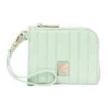 A mint green, quilted wristlet with a metallic square logo plate, featuring a zipper closure and a detachable strap.