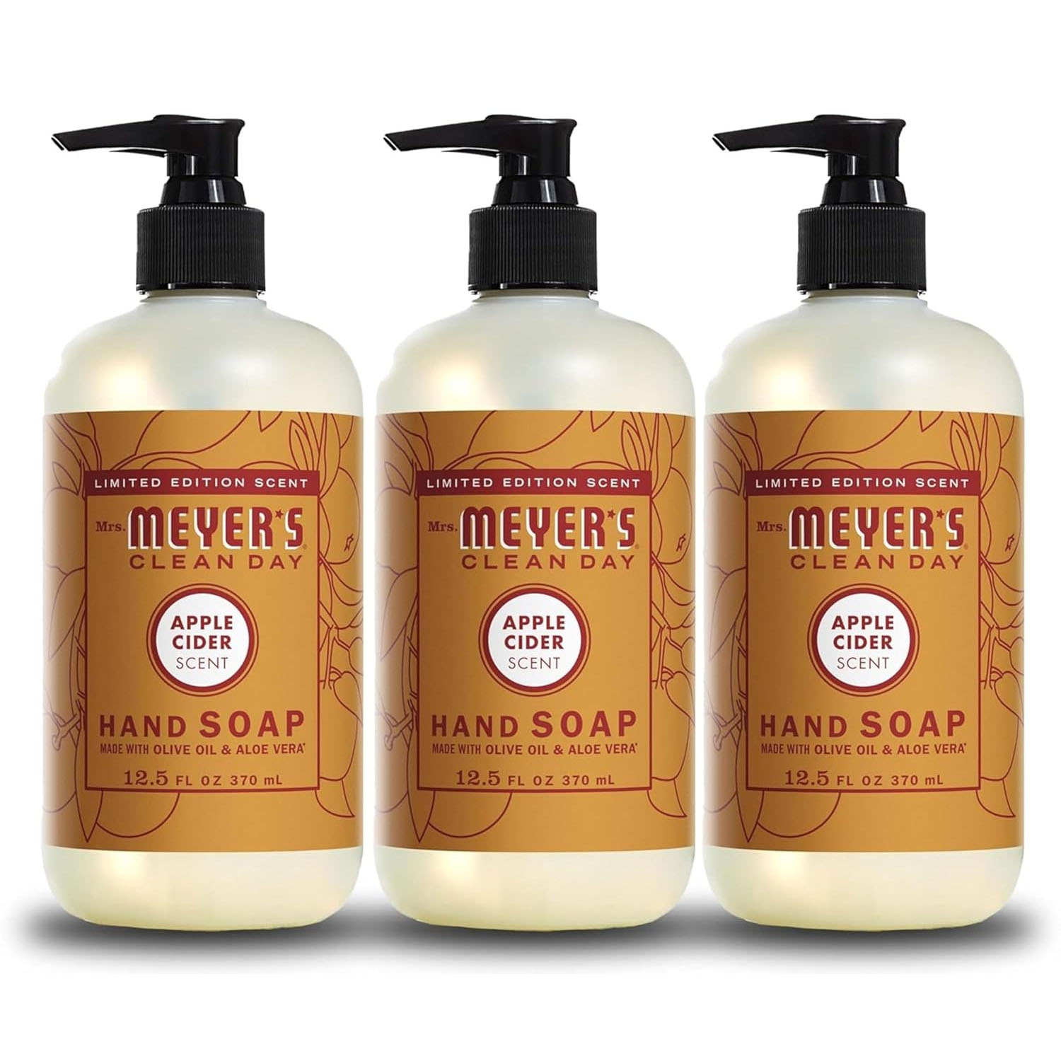 Mrs. Meyer's Clean Day limited edition hand soap, Apple Cider scent, in 12.5 fl oz (370 mL) bottles, made with olive oil and aloe vera.