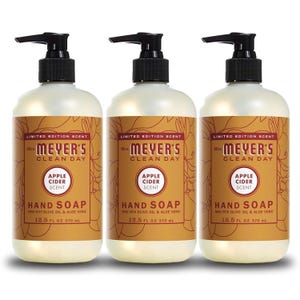 Mrs. Meyer's Clean Day limited edition hand soap, Apple Cider scent, in 12.5 fl oz (370 mL) bottles, made with olive oil and aloe vera.