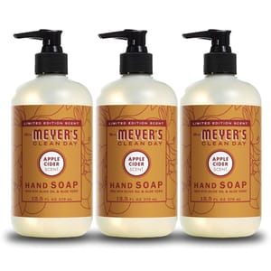 Mrs. Meyer's Clean Day limited edition hand soap, Apple Cider scent, in 12.5 fl oz (370 mL) bottles, made with olive oil and aloe vera.