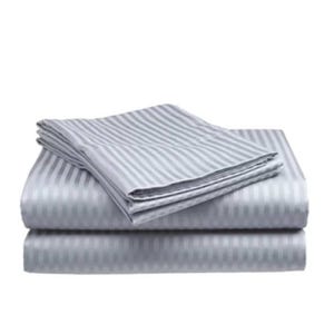 A folded set of gray bed sheets with a striped pattern.