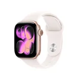 A smartwatch with a pink-gold case and white band, featuring a vibrant abstract design on the screen.