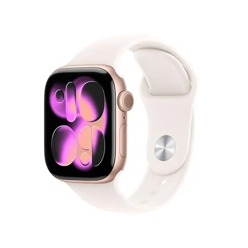 A smartwatch with a pink-gold case and white band, featuring a vibrant abstract design on the screen.