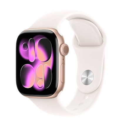 A smartwatch with a pink-gold case and white band, featuring a vibrant abstract design on the screen.