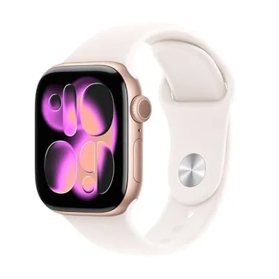 A smartwatch with a pink-gold case and white band, featuring a vibrant abstract design on the screen.