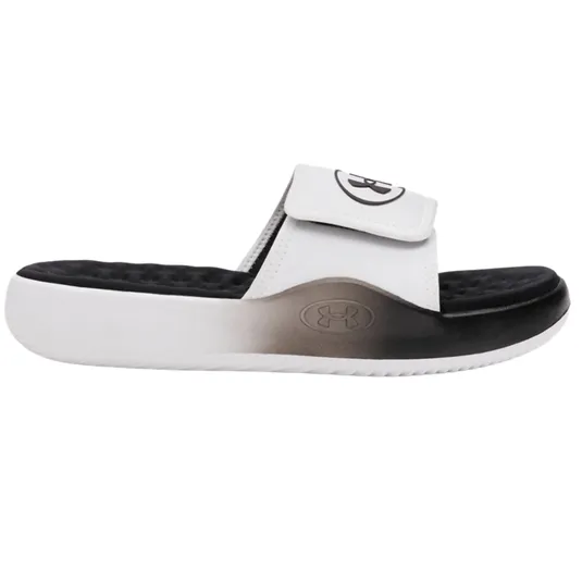 A white slide sandal with an adjustable strap and a gradient black to white sole. The Under Armour logo is visible on the side and the strap.