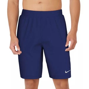 Blue athletic shorts with an elastic waistband and a white Nike logo on the lower left leg.