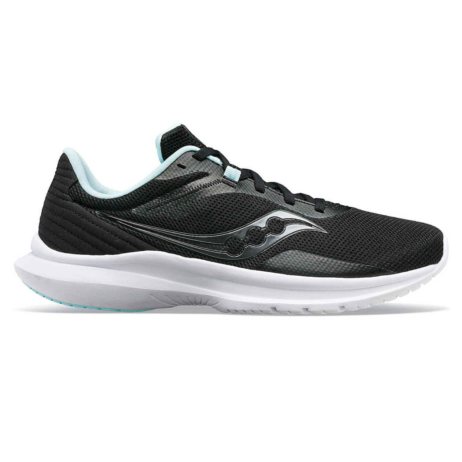Black Saucony Women's Convergence Shoes with white soles and light blue inner lining; features a sleek mesh upper with a signature wave logo on the side. Suitable for running and casual wear.