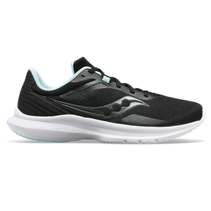 Black Saucony Women's Convergence Shoes with white soles and light blue inner lining; features a sleek mesh upper with a signature wave logo on the side. Suitable for running and casual wear.