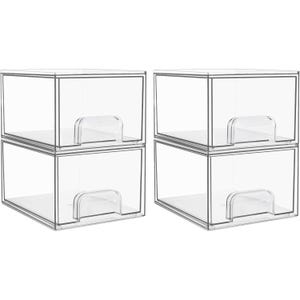 Four transparent stackable storage drawers with handles.
