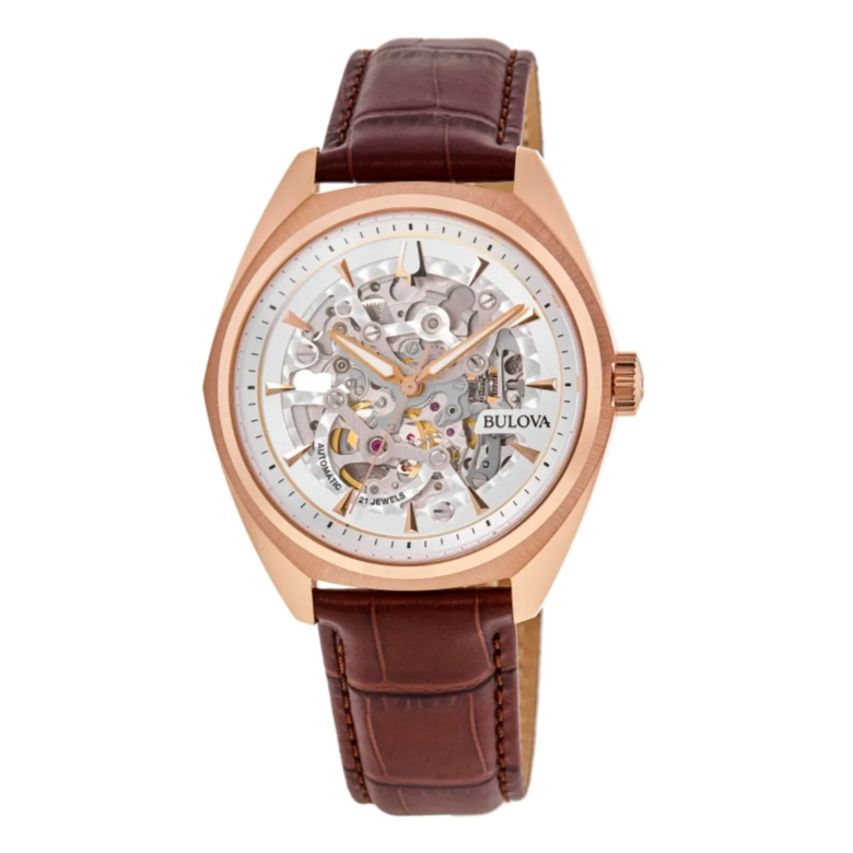 A Bulova men's automatic skeleton watch with a rose gold-tone stainless steel case, visible mechanical movement, and brown leather strap.