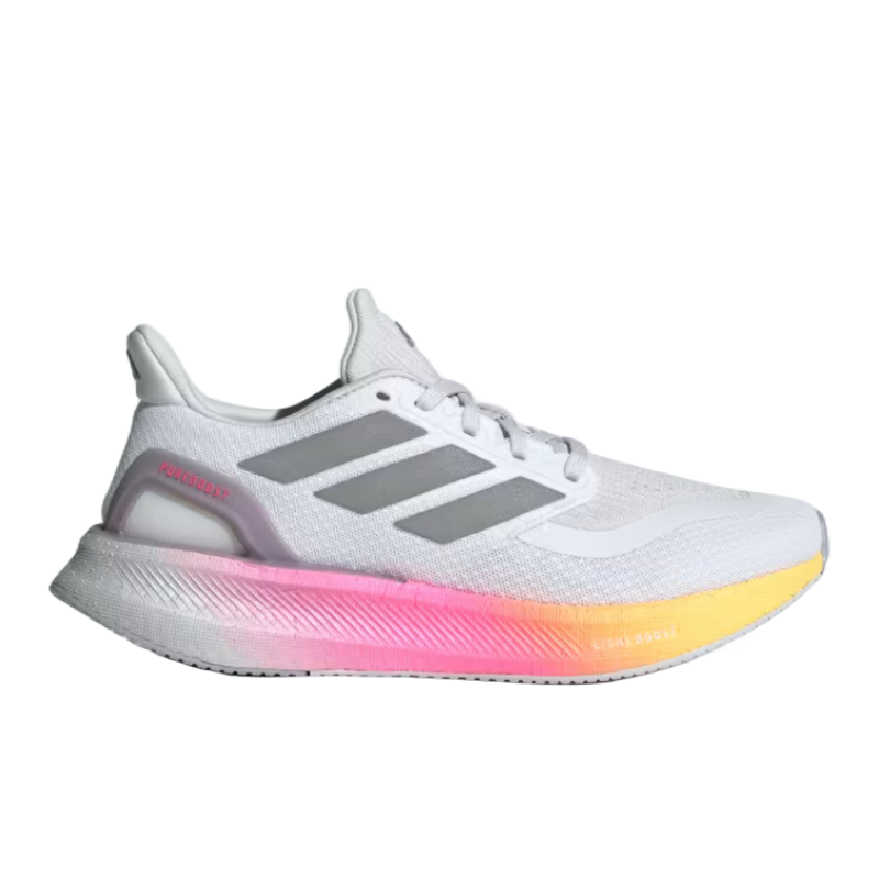 White running shoe with gray stripes, pink-to-yellow gradient midsole, and \“ULTRA BOOST\“ text.