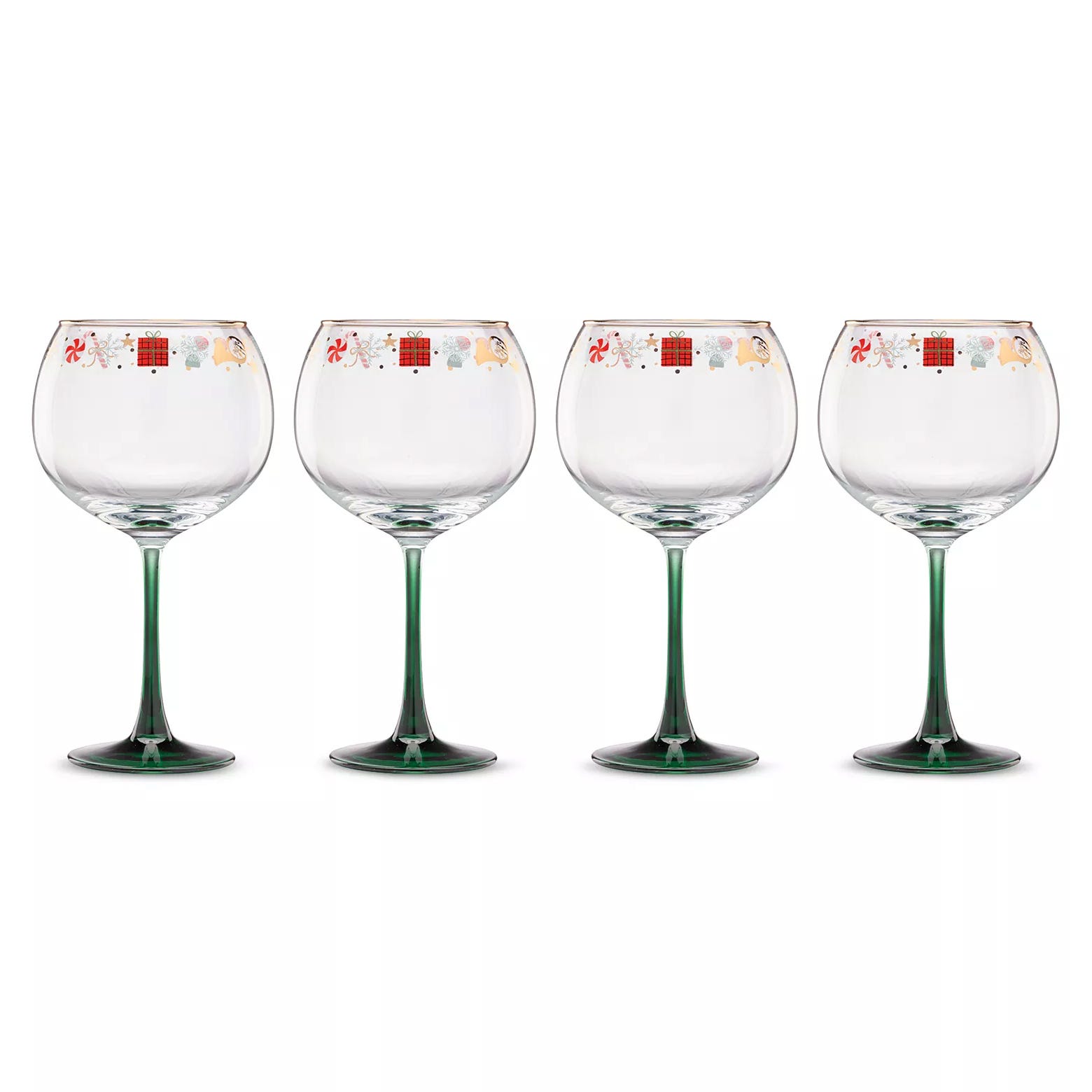 Set of four stemmed glasses with green bases and festive decorative rims featuring holiday-themed patterns.