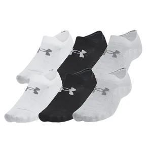 A pack of six no-show socks featuring a mix of black, white, and gray colors, each with a logo emblem on top.