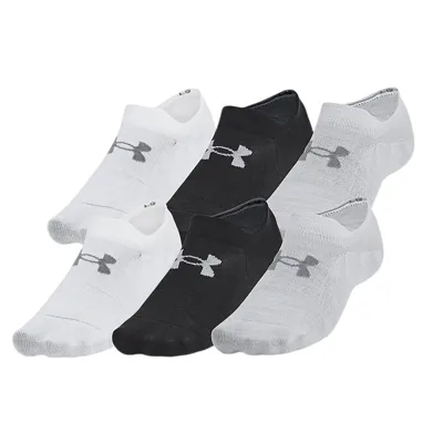 A pack of six no-show socks featuring a mix of black, white, and gray colors, each with a logo emblem on top.