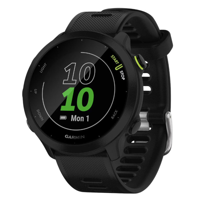 Black Garmin smartwatch with a round face displaying the time, date, and battery status.