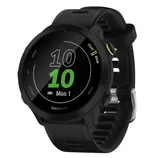 Black Garmin smartwatch with a round face displaying the time, date, and battery status.