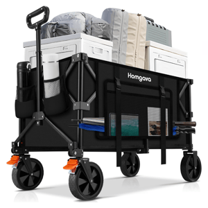 The 140L collapsible wagon cart features a sturdy black frame with orange locking brakes, a handle for easy maneuvering, and pockets on the side. It's loaded with boxes, bags, and items like an umbrella, showcasing its ample storage capacity.